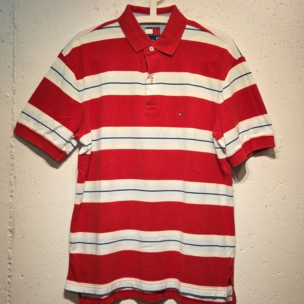 Tommy Hilfiger Men's Polo in Red, White, Black & Light Blue Stripes (Medium)